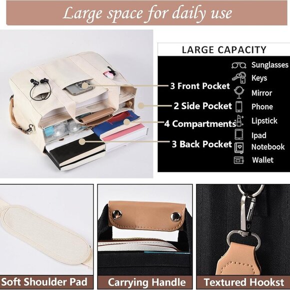 Large Canvas Tote Bag with Multiple Pockets, Travel Work Shoulder Bag - Picture 4 of 6